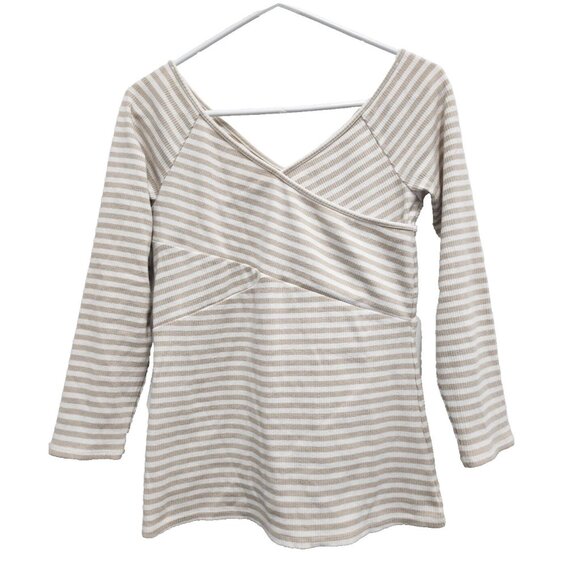 Anthropologie Deletta Womens Top Medium Tan White Striped Off Shoulder Ribbed - Picture 2 of 8